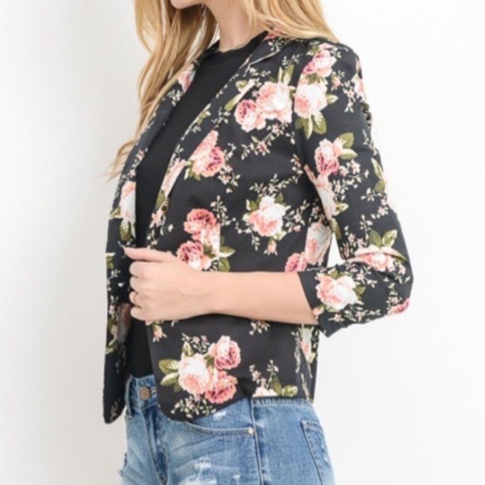 Black Floral Print Button Front Blazer